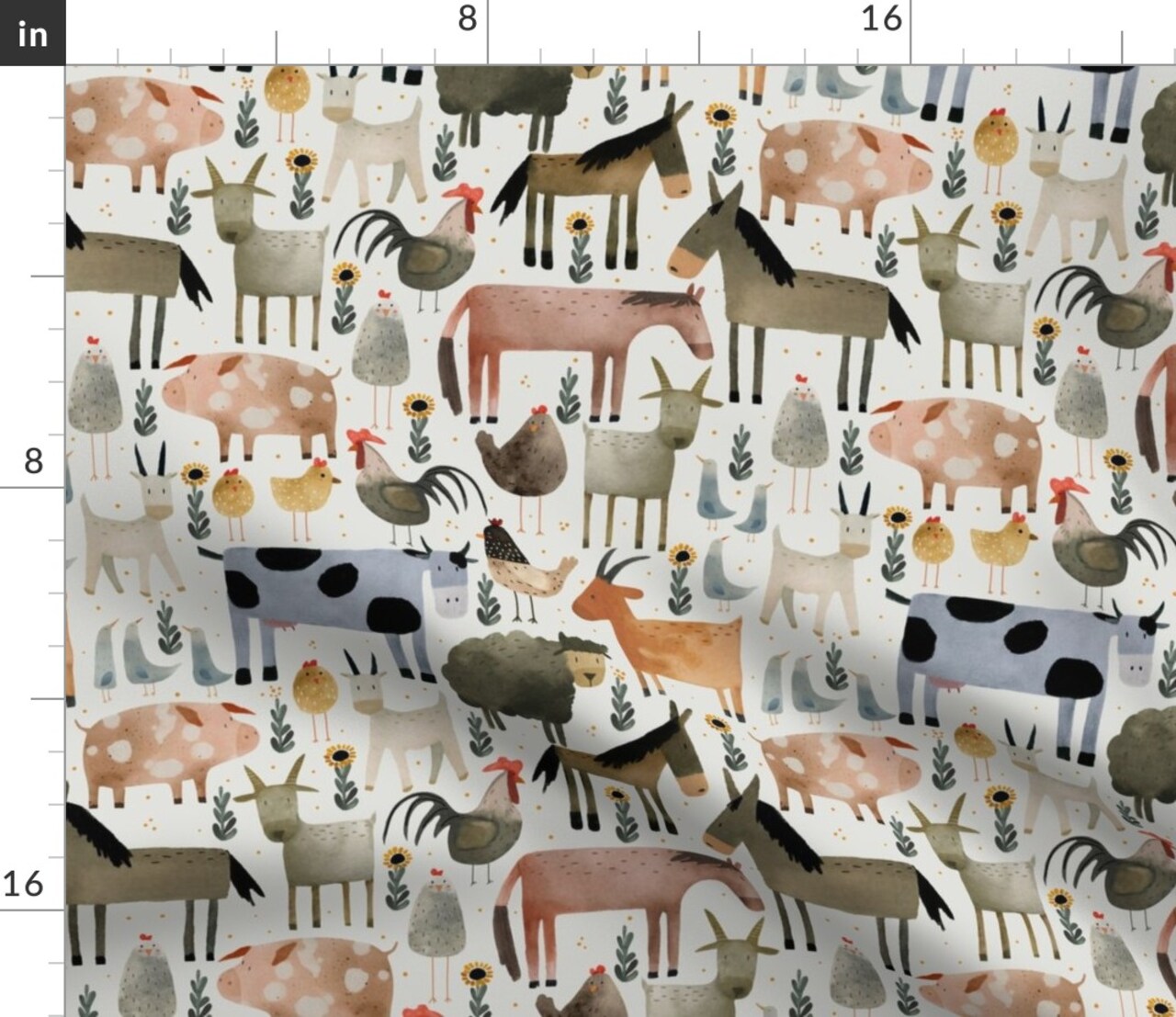 Horses Donkeys Cows Rooster Ranch Whimsical Sheep Pig Sunflowers Custom Printed Fabric by Spoonflower Various Fabrics by the Yard or Fat Quarter